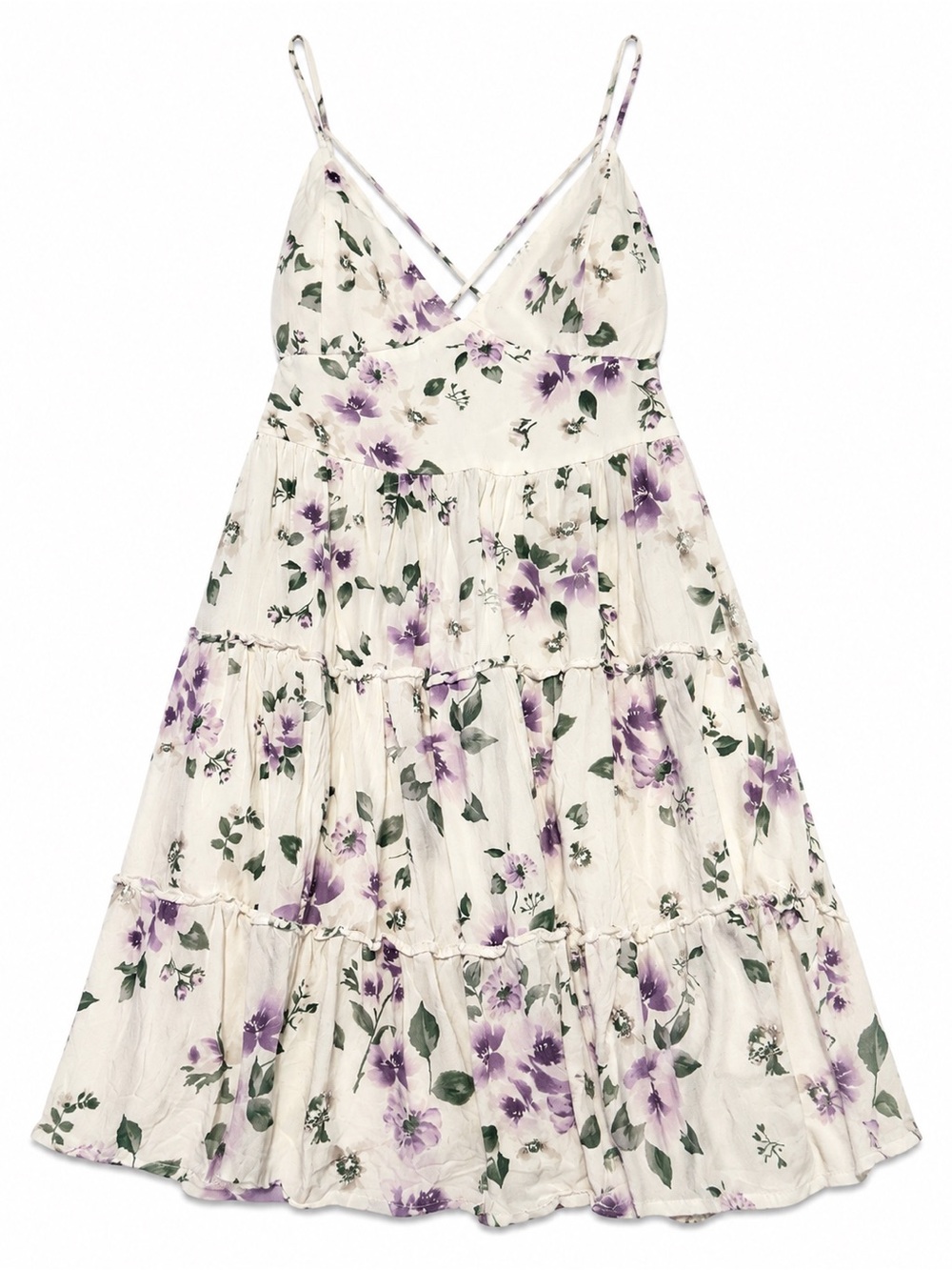 Hollister Cream Floral Tiered Mini Dress with Purple Blooms